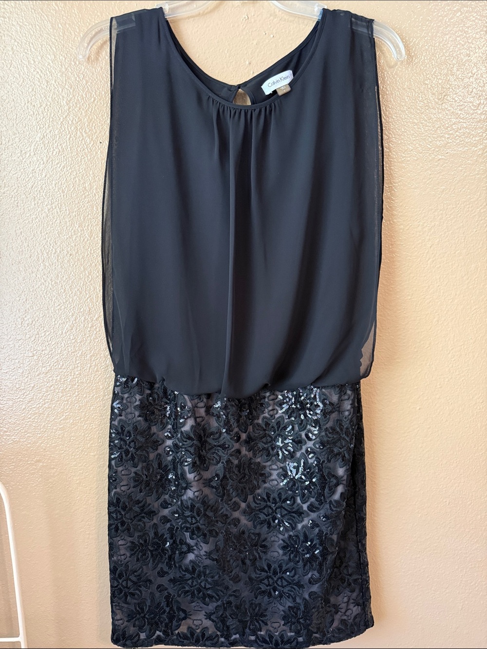 Calvin Klein Black Sleeveless Blouson Top with Sequin Lace Skirt Accent